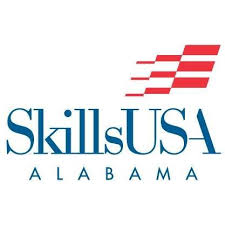 Logo of SkillsUSA Alabama with bold blue text and red striped elements suggesting movement. Represents skill development and 