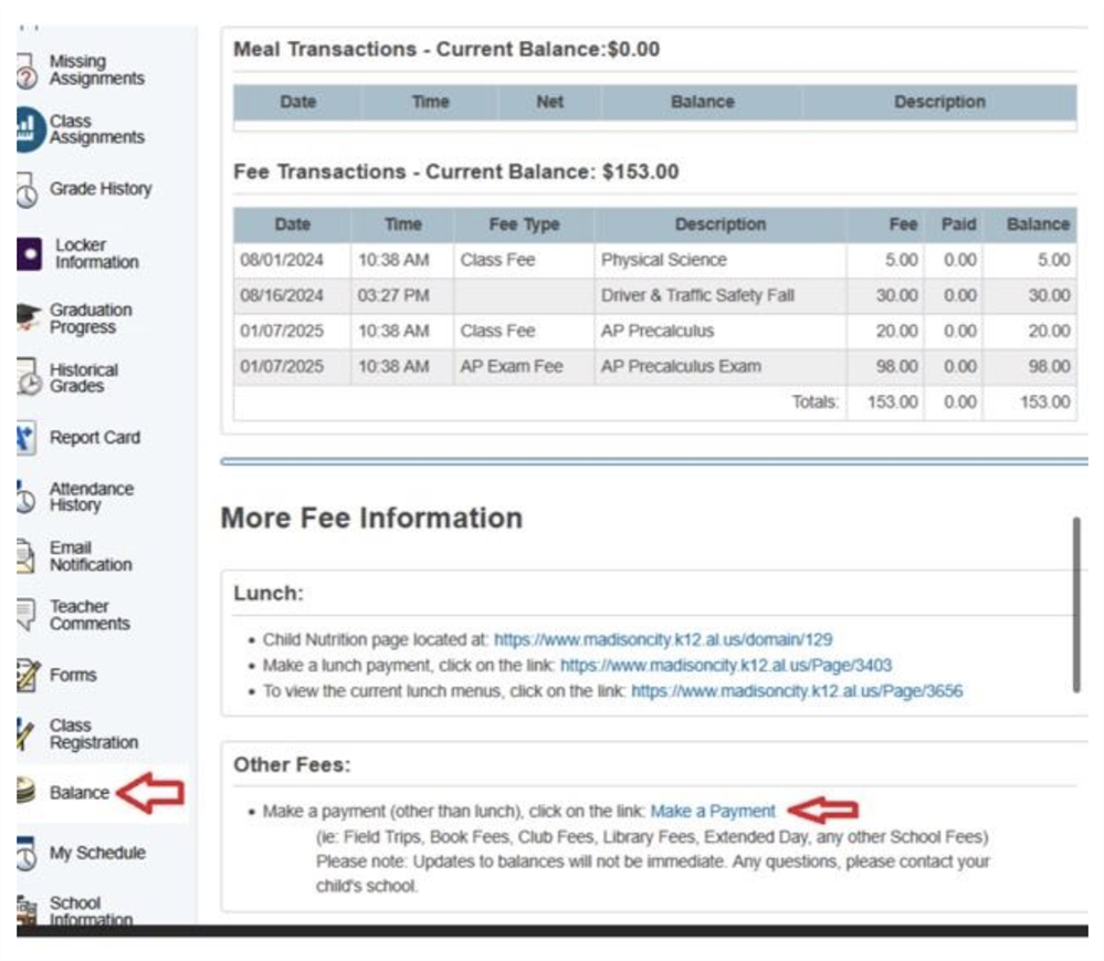Screenshot of the PowerSchool portal showing Balance and Payments.