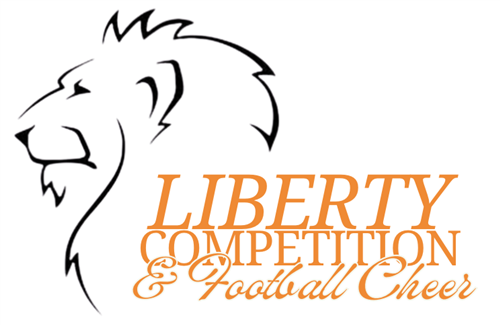 Liberty Competition Cheer logo featuring orange text and a black vector art depicting a lion's head.